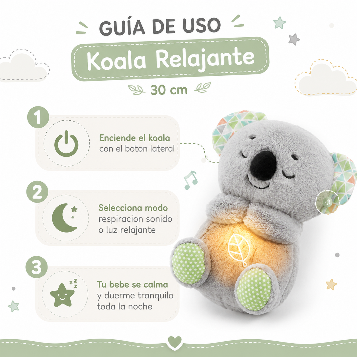 Peluche Koala Relajante 30cm - Guia de Uso 3 Pasos Ecuador