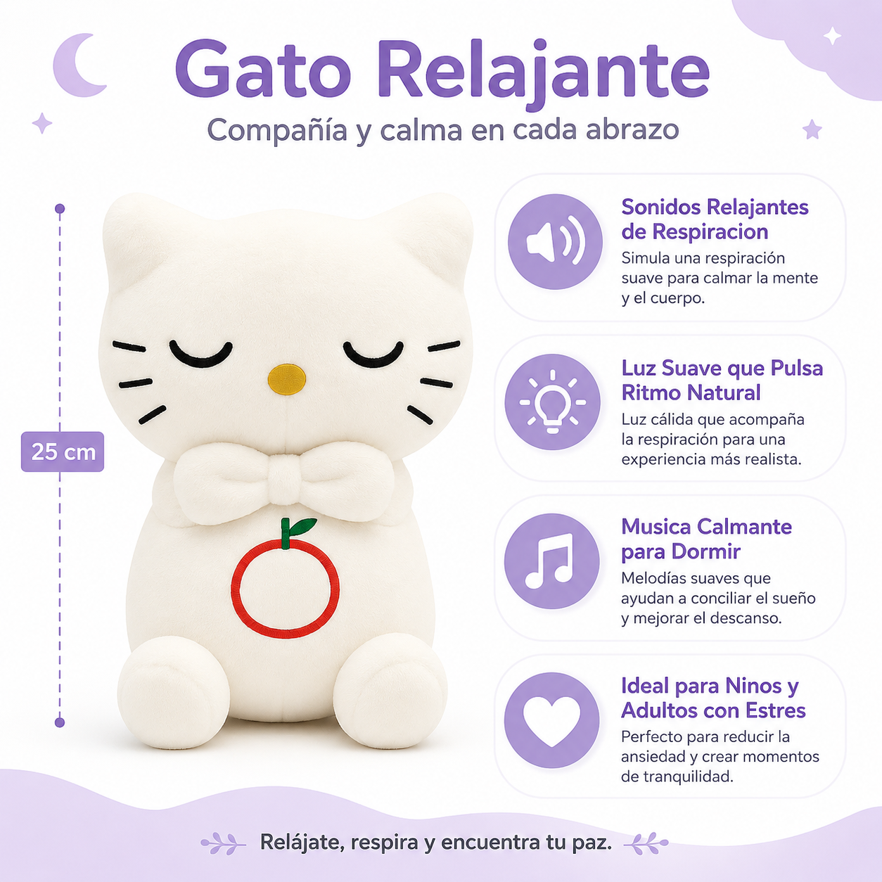 Peluche Gato Relajante - Infografico Musica Respiracion Luz Ecuador