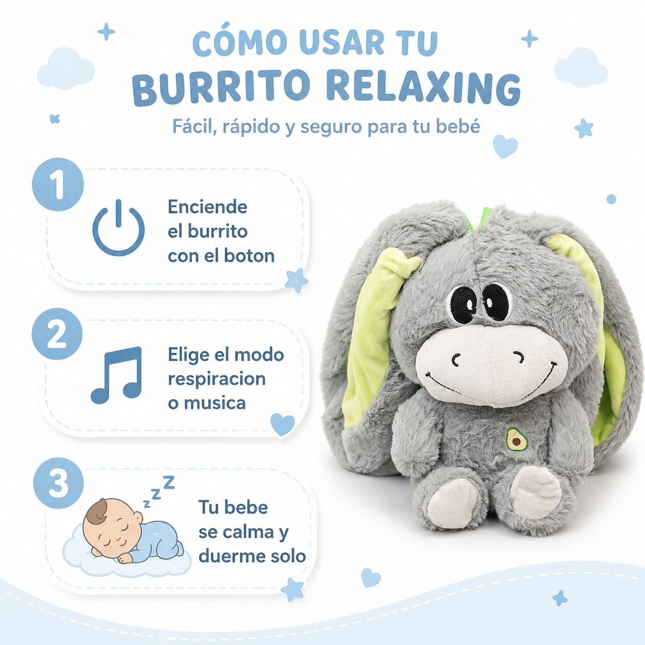 Peluche Burro Relajante 25cm - Guia de Uso Bebe Duerme Solo Ecuador