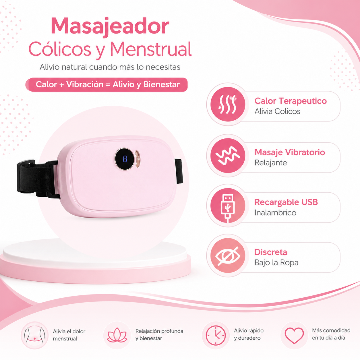 Masajeador Colicos - Infografico Calor Vibracion USB Ecuador