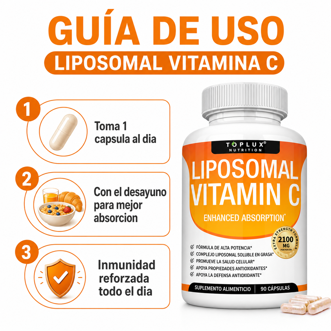 Liposomal Vitamina C 90 Capsulas - Guia de Uso 1 Capsula Diaria Ecuador