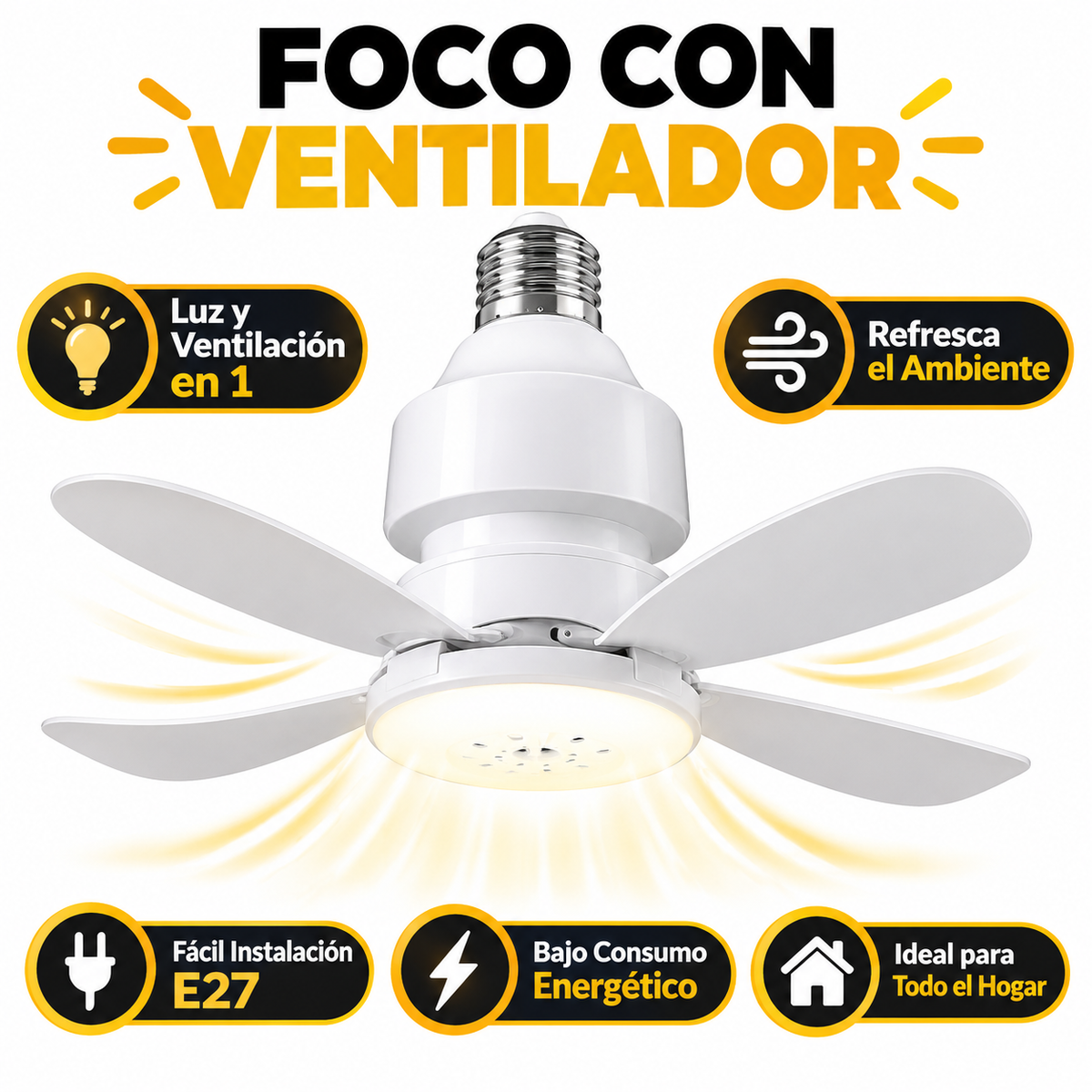 Foco con Ventilador - Infográfico con título negro amarillo luz y ventilación