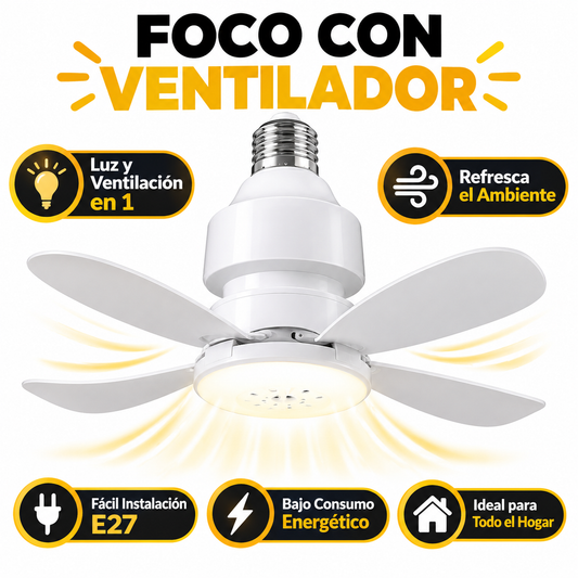 Foco con Ventilador - Infográfico con título negro amarillo luz y ventilación