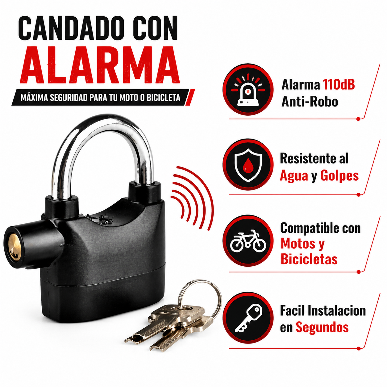 Candado Alarma - Infografico 110dB Anti-Robo Ecuador