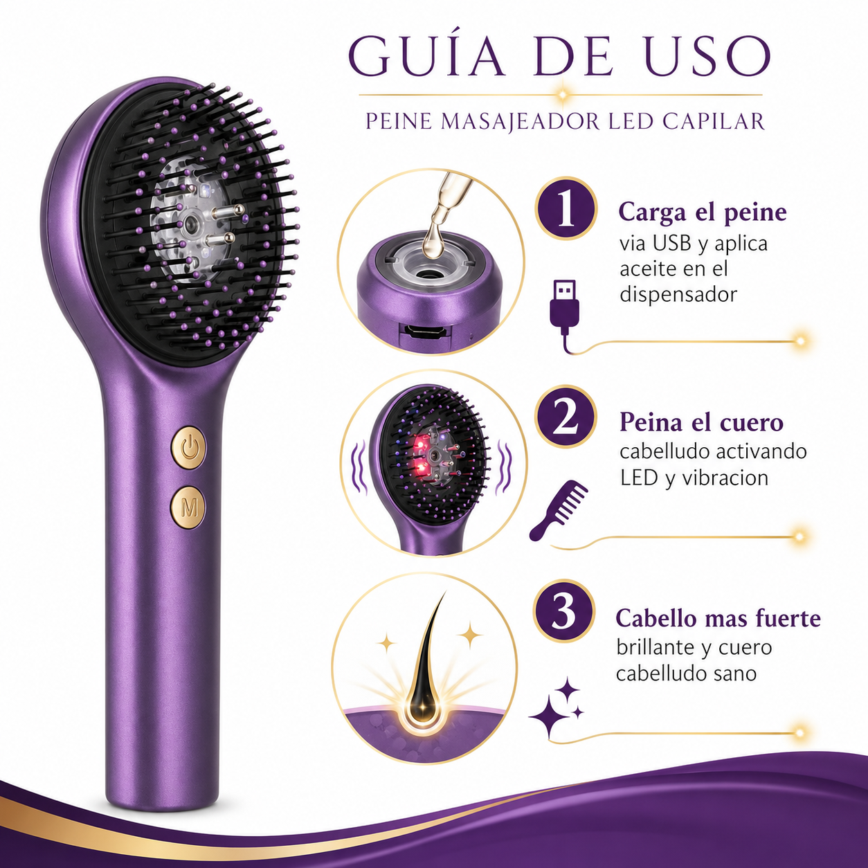 Peine Masajeador LED - Guia de Uso 3 Pasos Ecuador