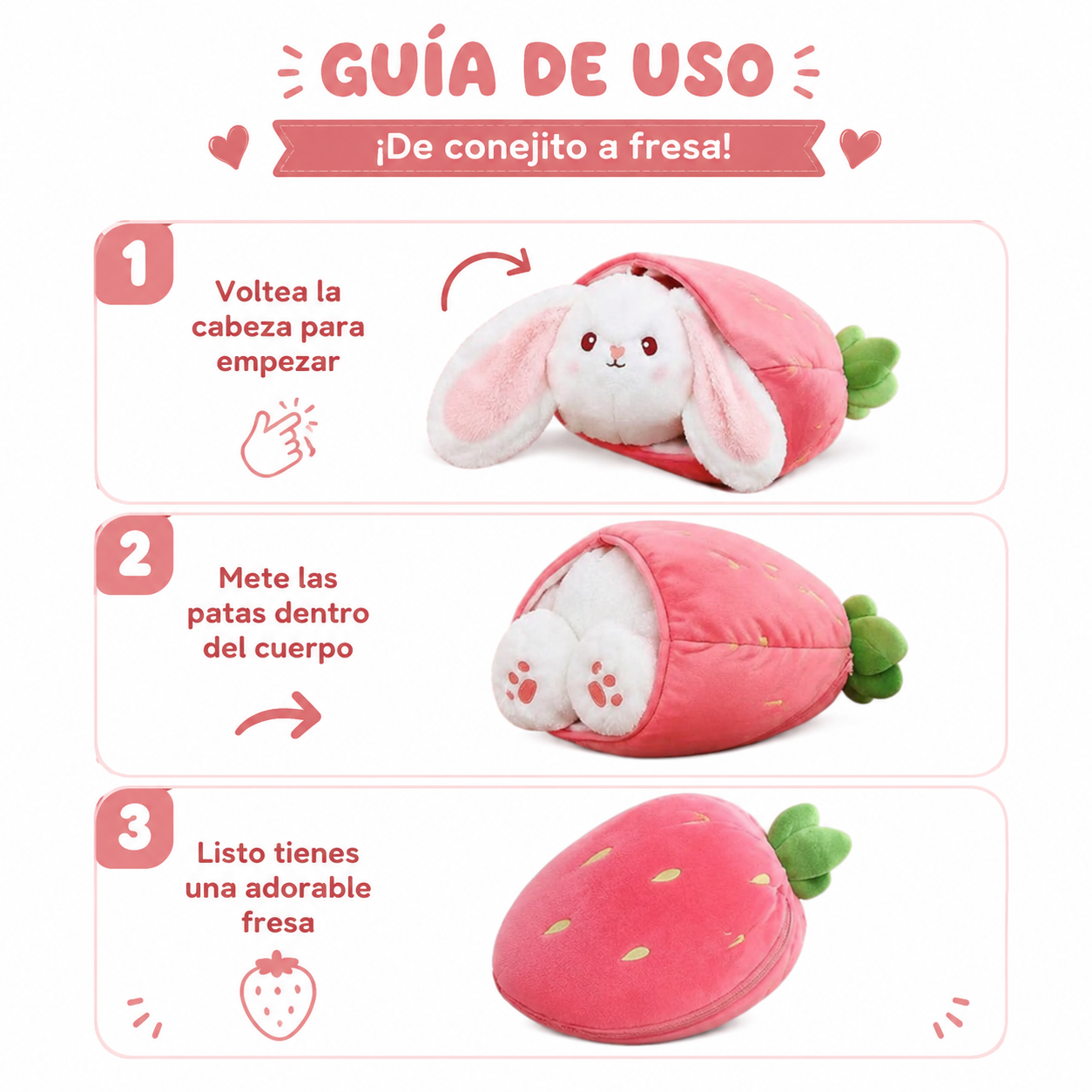 Peluche Conejo Fresa Reversible 25cm - Guia de Uso Como Transformar Ecuador