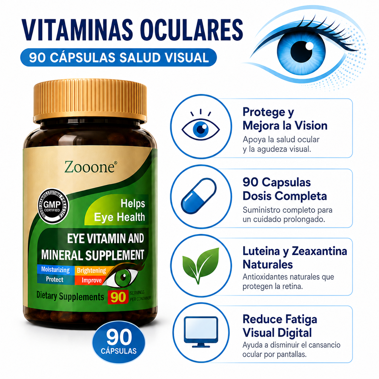 Zooone Vitaminas Oculares 90 Cápsulas - Infográfico Luteina Zeaxantina Ecuador