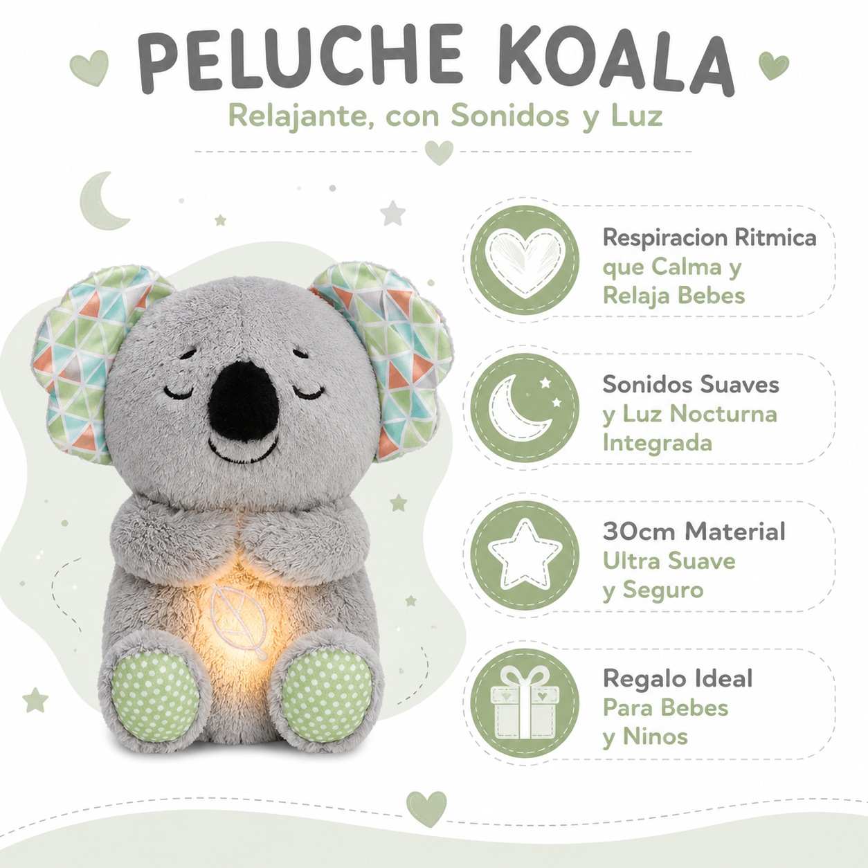 Peluche Koala Relajante 30cm - Infografico Respiracion Sonidos Luz Bebes Ecuador