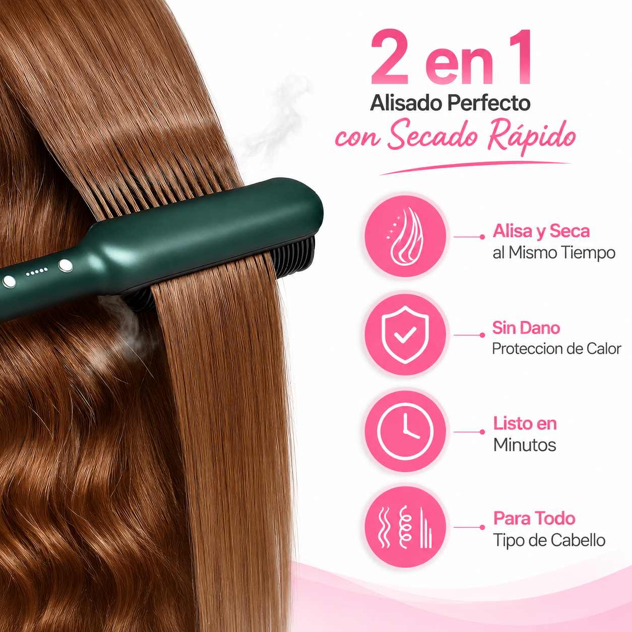 Cepillo Alisador Secador 2en1 - Infografico Beneficios Sin Dano Ecuador