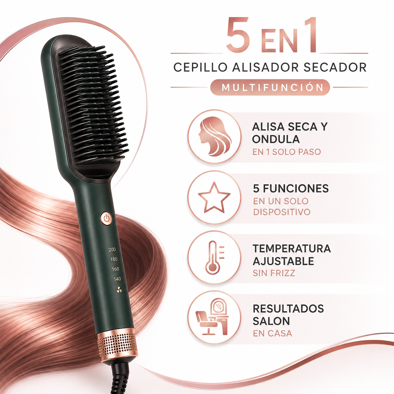 Cepillo Alisador 5 en 1 - Infografico Alisa Seca Ondula Ecuador