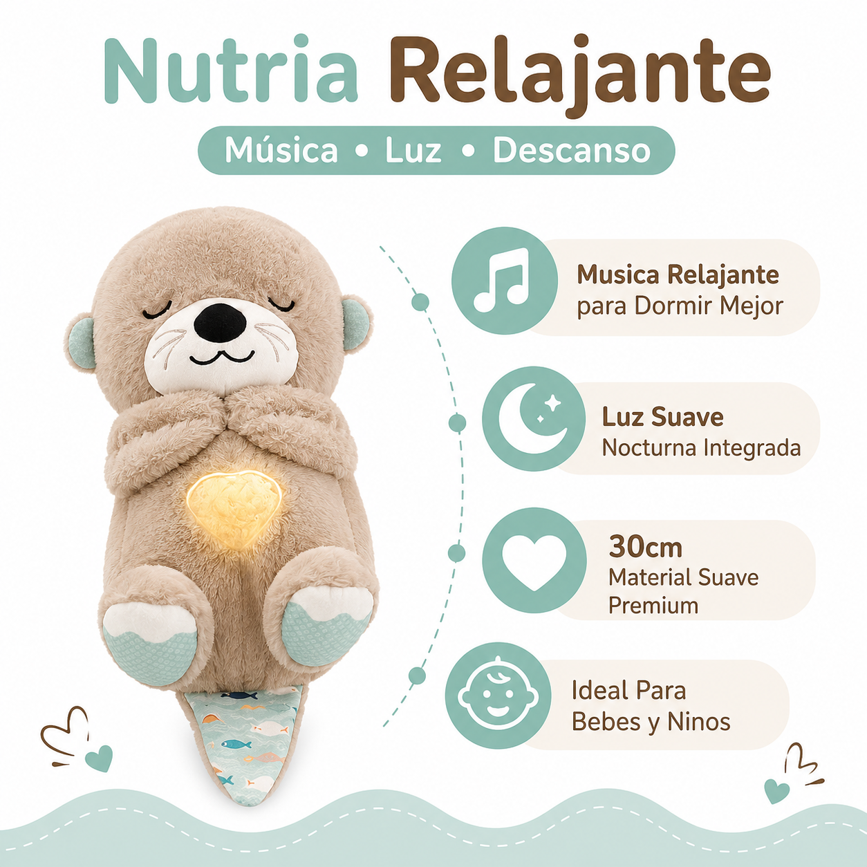 Peluche Nutria Relajante - Infografico Musica Luz Premium Ecuador