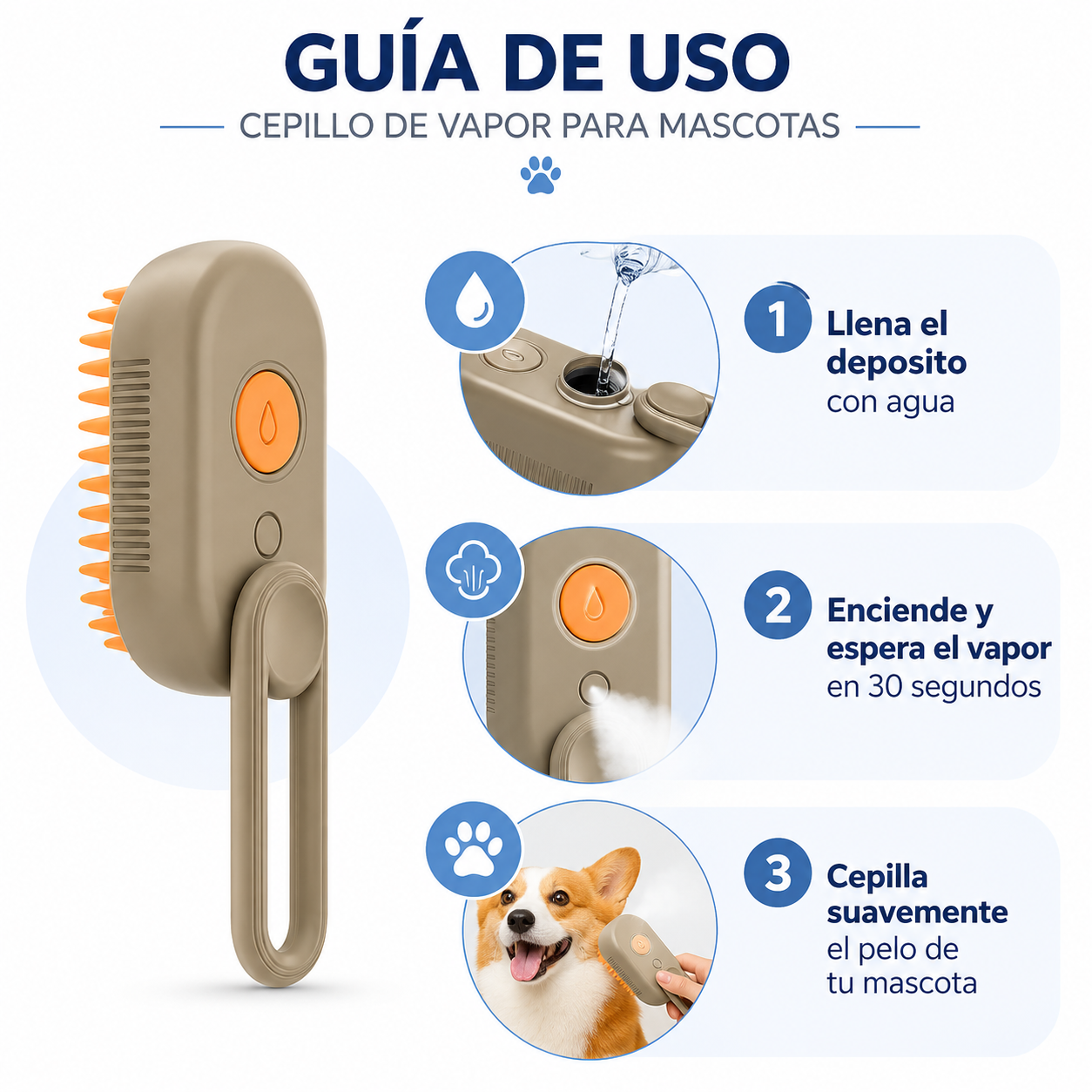 Cepillo Vapor Mascotas - Guia de Uso 3 Pasos Ecuador
