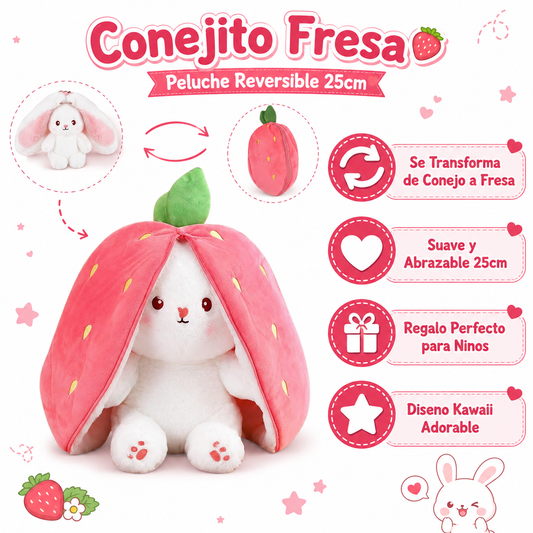 Peluche Conejo Fresa Reversible 25cm - Infografico Kawaii Transformable Ecuador